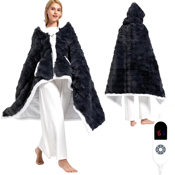 Other - Heated Plush Hooded Wearable Blanket - Black with White Trim